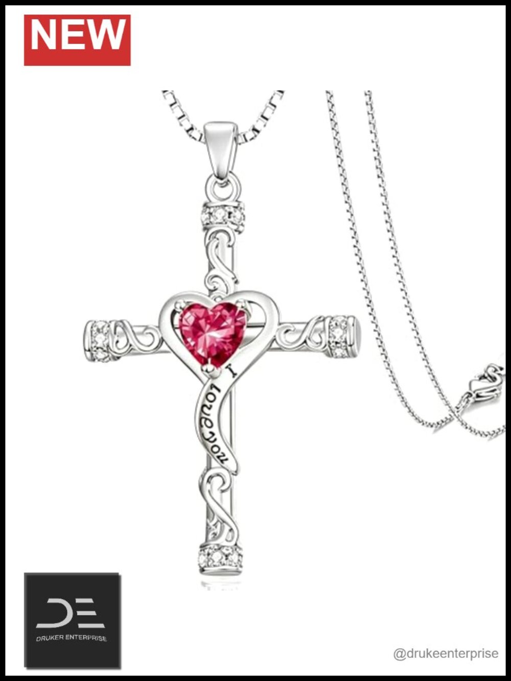 Birthstone Cross Necklace for Women, Heart Pendant 14K Gold Plated, I Love You
